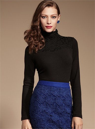 浪漫薔薇花蕾絲半高領親膚磨毛針織t恤